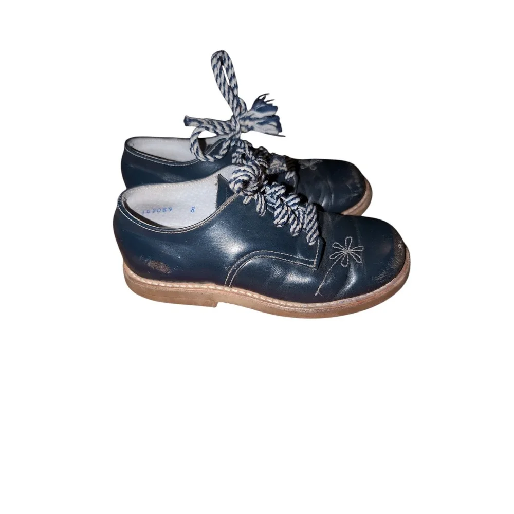 Vintage Navy‎ Blue Leather Floral Embroidered Oxford Shoes Kids Size 8 D 142089